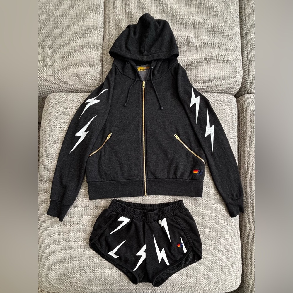Aviator Nation Black White ⚡️Bolt Hoodie (S) & Matching Bolt Repeat Shorts (M)
